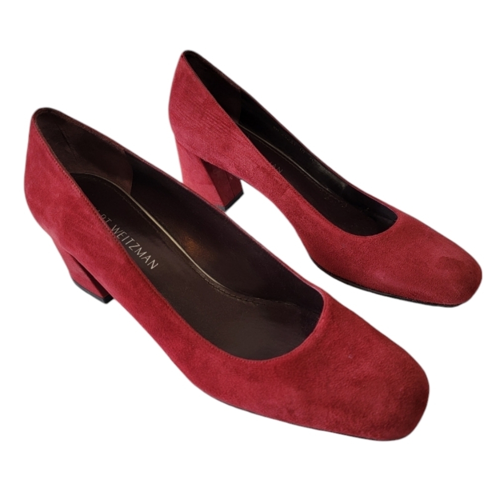 Stuart Weitzman Marymid Suede Block Heel Pumps Red Women's Sz 10M Quite Luxury